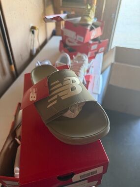 New Balance Olive Green Slide Sandals with White NB Emblem